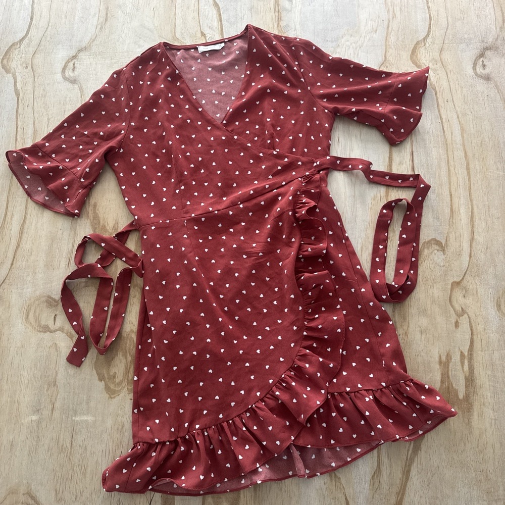 Vera & Lucy Heart Wrap‎ Ruffle Mini Dress, Size L  Cutesy Valentines